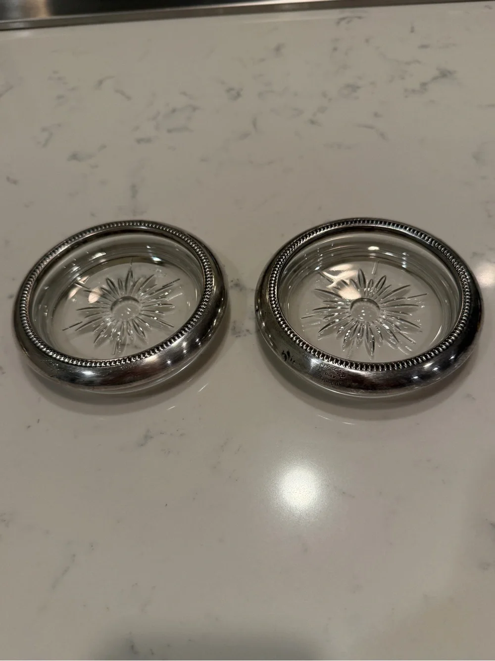 Vintage Leonard Italy Silverplate Glass Coasters Set of 2 Starburst Beaded Rim
